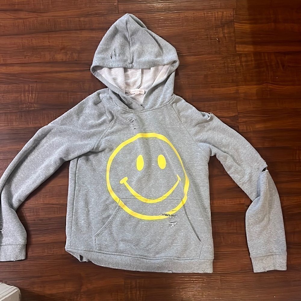 Hoodie Sweatshirt - Grey with Yellow Smiley Logo - Size Small LIKE NEW